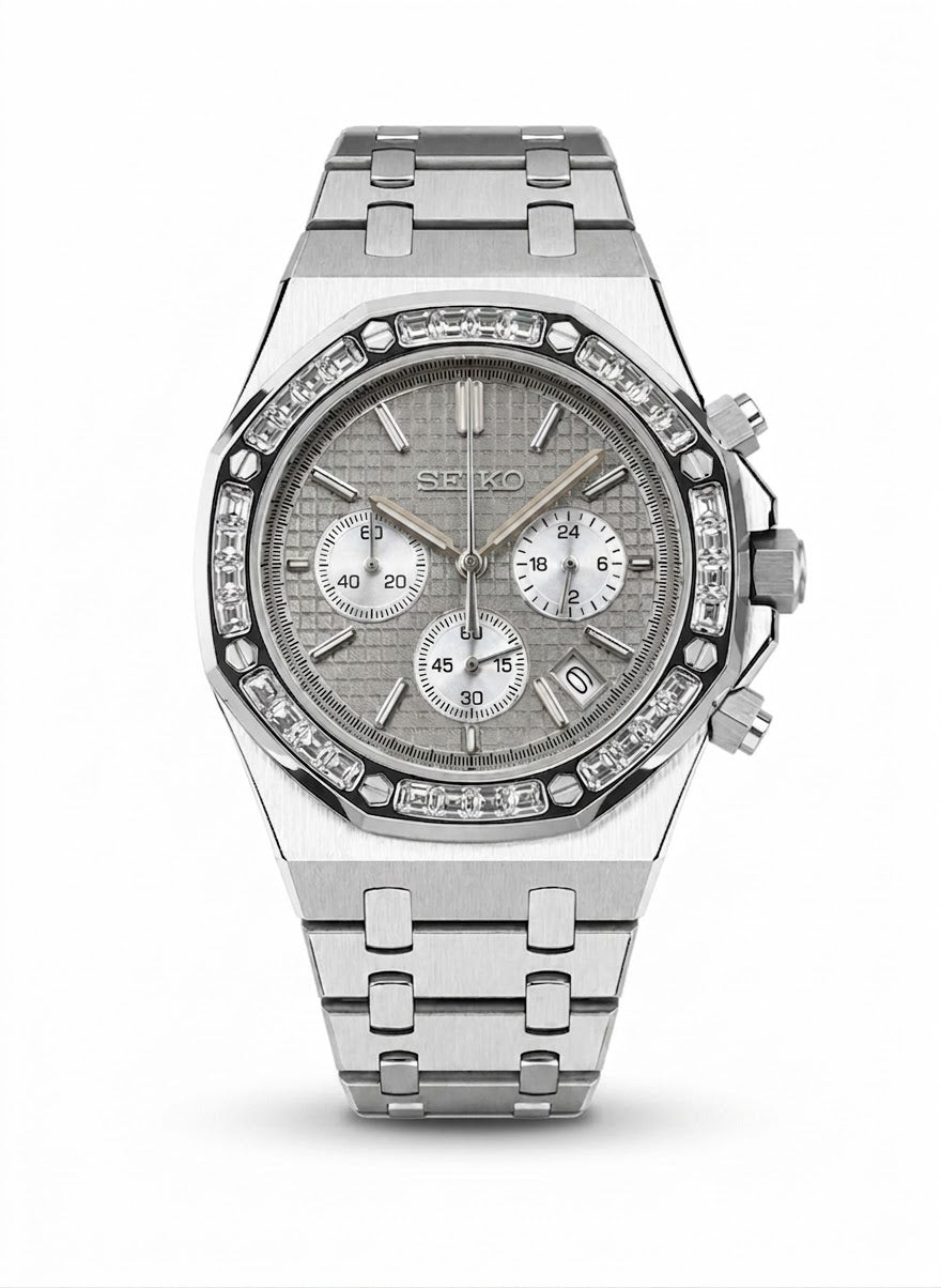 Seikoak Chrono Acier Cadran Gris et Argenté Lunette En Diamant