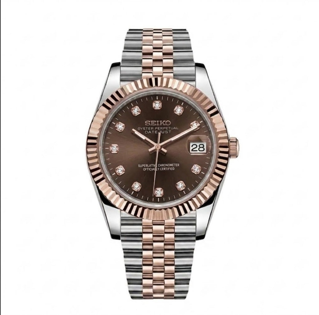 Seikojust Acier & Or Rose Cadran Marron Diamants