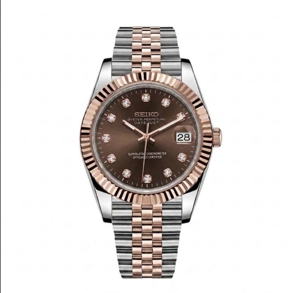 Seikojust Acier & Or Rose Cadran Marron Diamants