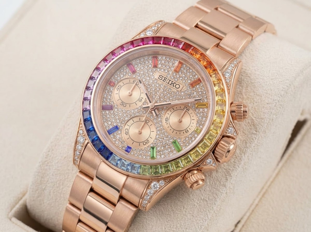 Seikona Or Rose Cadran Sertie De Pierre et Lunette Arc En Ciel Rainbow