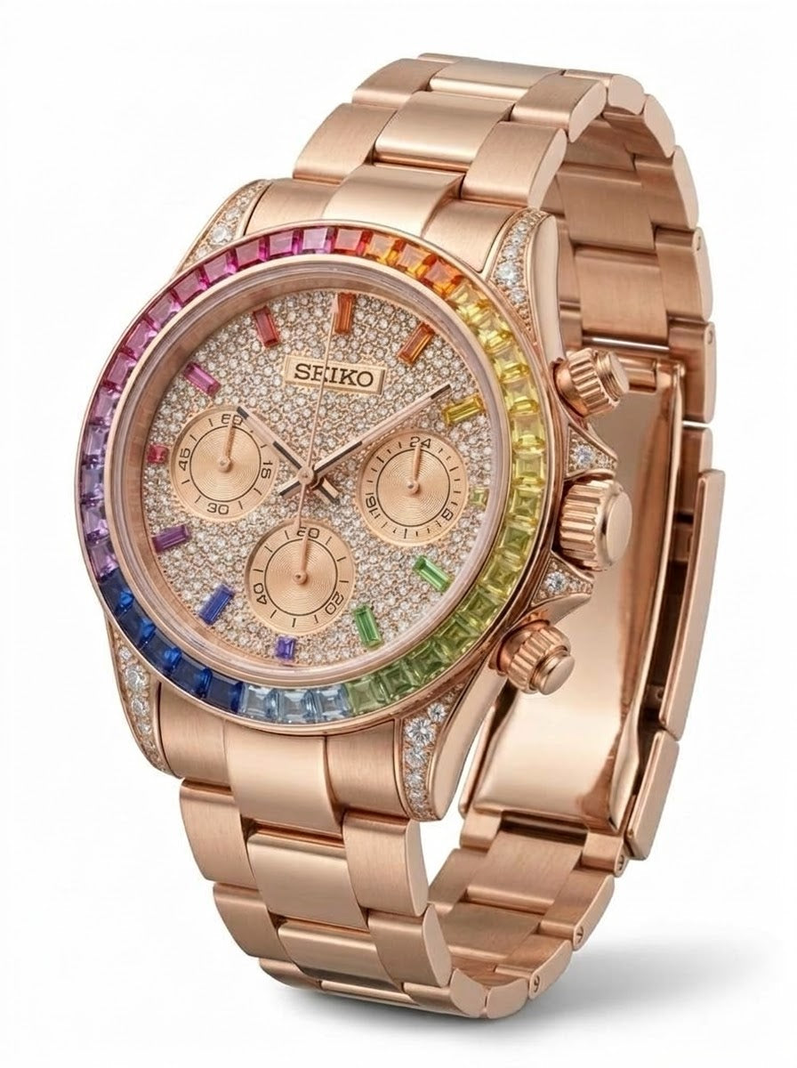 Seikona Or Rose Cadran Sertie De Pierre et Lunette Arc En Ciel Rainbow