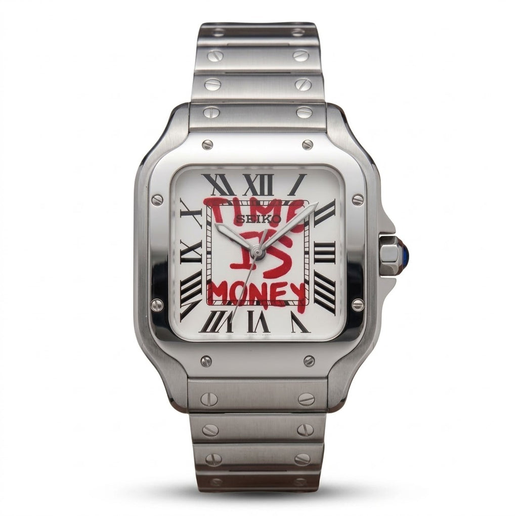 Seikantos Acier Cadran Blanc Chiffres Romains "Time Is Money"