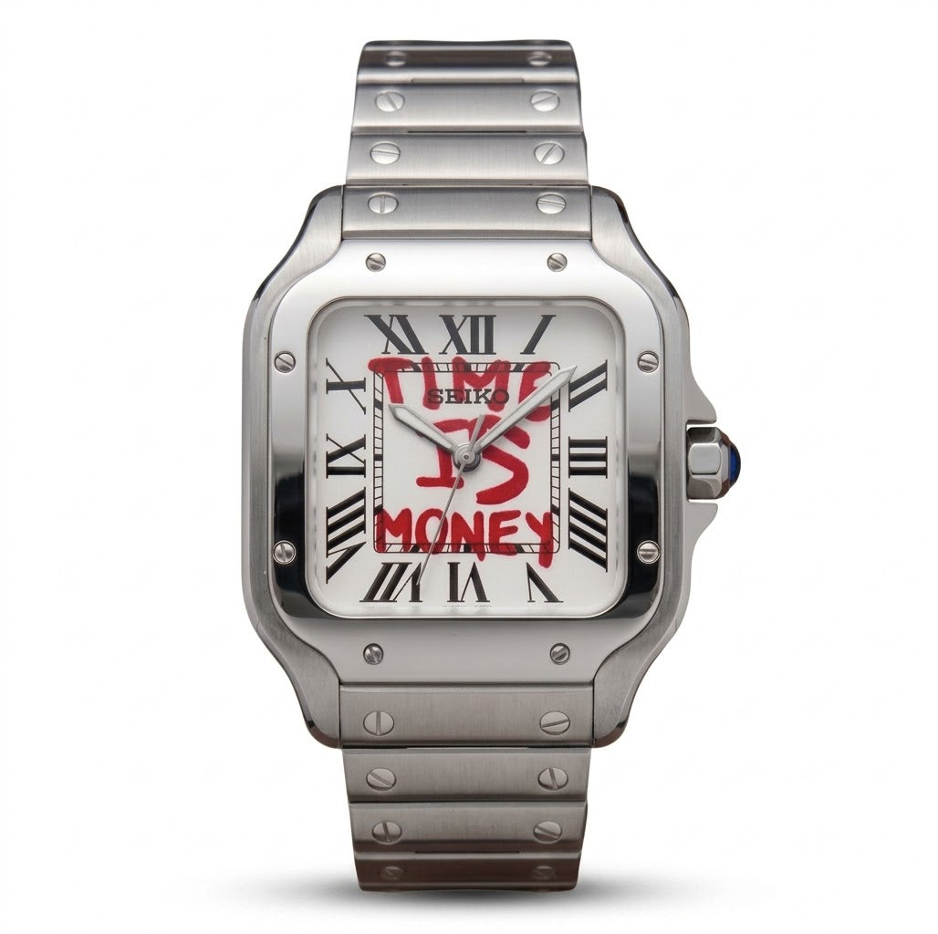 Seikantos Acier Cadran Blanc Chiffres Romains "Time Is Money"