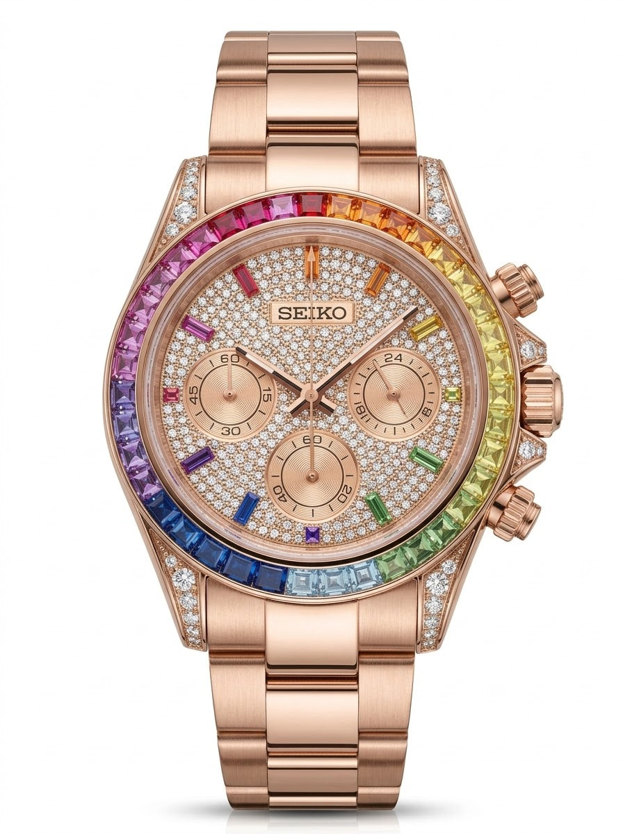 Seikona Or Rose Cadran Sertie De Pierre et Lunette Arc En Ciel Rainbow