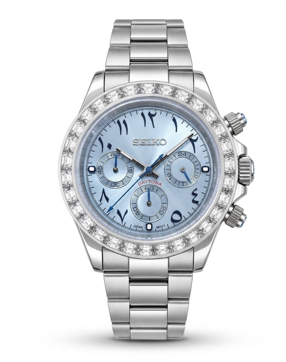 Seikona Acier Cadran Bleu Ciel Arabic Dial Lunette Diamant Baguette
