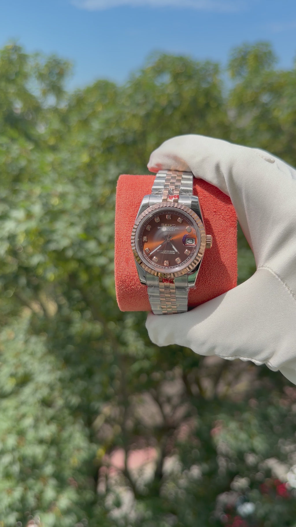 Seikojust Acier & Or Rose Cadran Marron Diamants